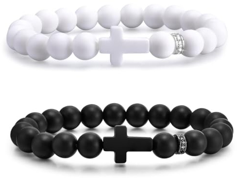 ZORVUJI Set de 2 Pulseras Rosario Católicas, Pulsera de Cuentas con Cruz Sagrada, Joya Religiosa para Hombre y Mujer, Negro y Blanco