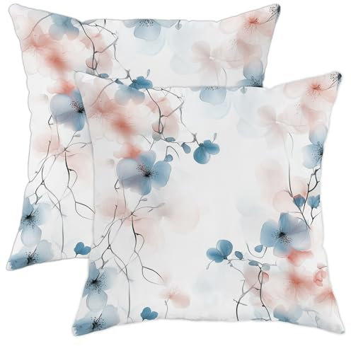 Set di 2 federe per cuscini con motivo floreale, morbide, blu e fiori di pesco, decorative, quadrate, per casa, divano, letto, 50 x 50 cm