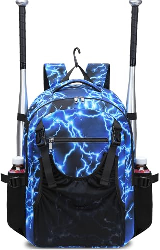 FOKDUVB Baseball Softball Backpack for Kids Boys Girls 6-8 8-12 12-14 Large Youth Bat Bag for Gear Storage Baseball Softball Tball Equipment Back Pack with Separate Shoe Bag (Blue/White, Lightning)