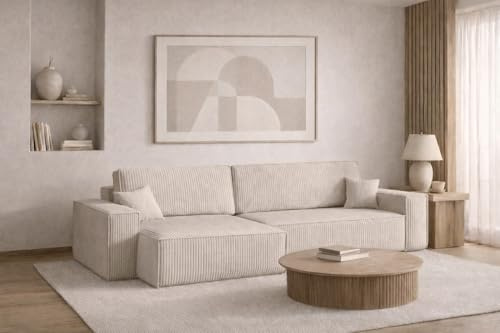 Kaiser Möbel - Ecksofa mit Schlaffunktion und Bettkasten, Schlafsofa mit Bettzeugbehälter, Wohnlandschaft L-Form, Klappsofa, Relaxsofa, Cordstoff, Bequemes Couch für Wohnzimmer, Best XL, Beige, Links