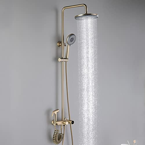 asdchZen Sistema Doccia a Vista Oro Spazzolato, Rubinetto Doccia Vasca con Display Temperatura, soffione Doccia con doccetta, Rubinetto Vasca, Bidet Doccia, Moderno