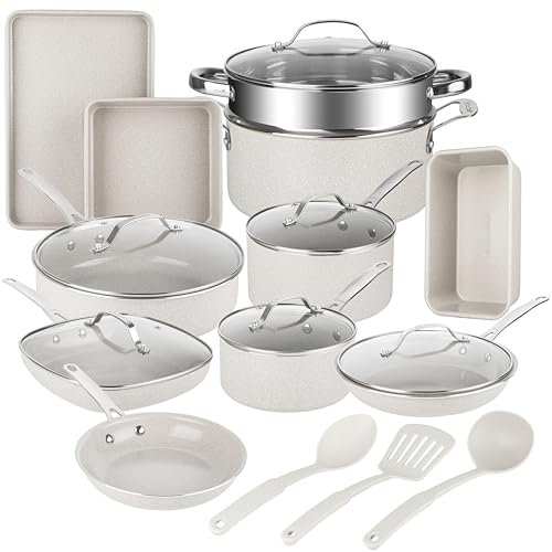Granitestone Ceraluxe 20 Pc Ceramic Cookware Set Nonstick, Complete Pots and Pans Set Non Stick for Kitchen with Bakeware, Utensils & Steamer, Non Toxic Made Without PFOA PFOS, Oven & Dishwasher Safe