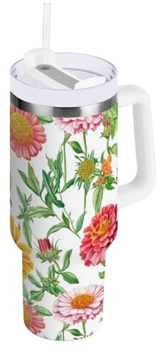 linqin Spring Florals Isolierte Trinkflasche Kaktus Weiß mit Strohhalm Auslaufsicher Edelstahl Trinkflasche mit Weiter Öffnung für Wandern Sport Camping
