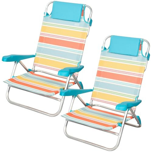 AKTIVE Pack 2 sillas de Playa Plegables, 50x48x80 cm, Reclinables en 7 Posiciones, Aluminio y textileno a Rayas Multicolor, con cojín y Asas de Mano, Modelo Santorini (62419)