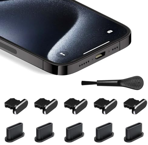 Marjoramy 10 Pieces Dust Plug Set, Charging Port Cover Protection, iPhone Anti Dust Plugs and Type-C Dust Protector with Cleaning Brush, Silicone USB C Port Cover Cap, iPhone Plug Cover, Black