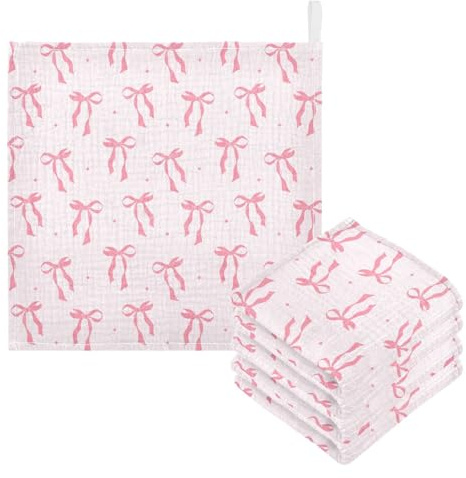 JHKKU Newborn Face Towel Bow Soft Cotton Baby Washcloths 11.8 x 11.8 Inch Infants Girls Boys Muslin Burp Cloths 5 Pack