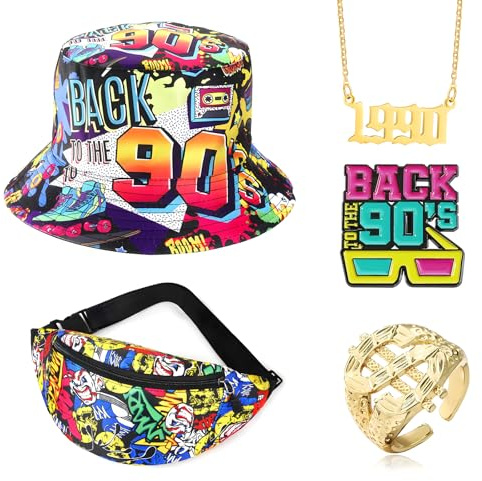 Pluvyze 5 Pcs Retro 90er Fischerhüte Set, mit 1 Bucket Hat 1 Halsketten 1 Gürteltaschen 1 Broschen 1 Ringe, Doppelseitig Fischerhüte Retro 90er Jahre Accessoires Unisex Fishing Hut für Frauen Männer