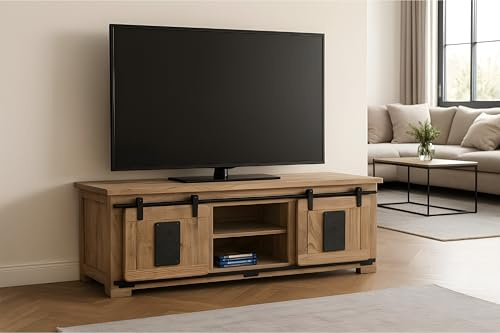 SAM Lowboard Libro VI, Akazienholz massiv + naturfarben, TV-Board/Fernsehkommode mit 2 Holzschiebetüren & 6 offenen Fächern, Türelemente & Reling aus Eisen, 145 x 45 x 50 cm