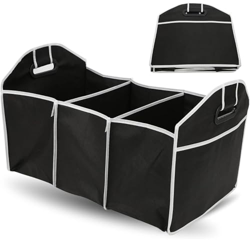PARENCE.- Organisateur de Coffre Voiture Pliable – 3 Compartiments XXL – Rangement Portable Maison & Auto – Poignées Renforcées – Polyester Noir)