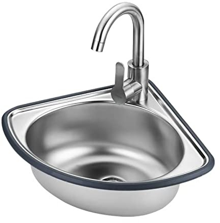 Fregadero esquinero de acero inoxidable con escurridor y grifo, diseño de cuenco individual para cocina, lavandería, garaje, restaurante, uso en interiores y exteriores, incluye protector de borde de