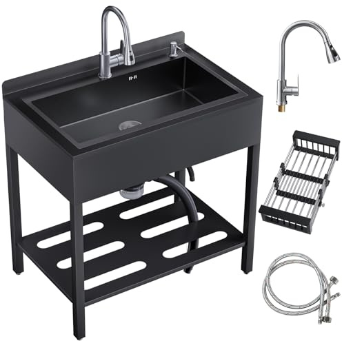 Lavandino autoportante in acciaio inossidabile per esterni, lavello da cucina con scolapiatti e rubinetto estraibile e tubi dell'acqua calda e fredda, Kitchen Sink lavandino per il lavaggio a mano per