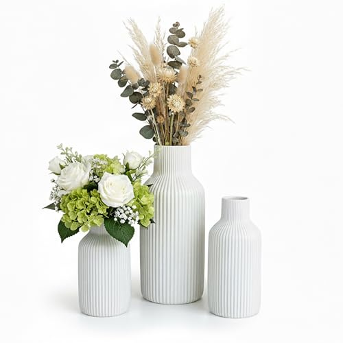 Relaxdays vaser set med 3, blomvaser, 3 storlekar, färska och torkade blommor, keramisk dekor, bordsuppsats, vit