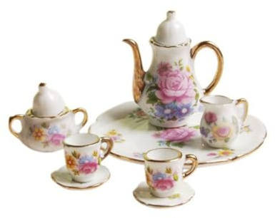 Taza de té de Porcelana para casa de muñecas, 8 Piezas 1:12 Juego de Tazas de té de cerámica en Miniatura Juego de Porcelana Estampado de Flores con Adornos Dorados Accesorios de Cocina para casa de