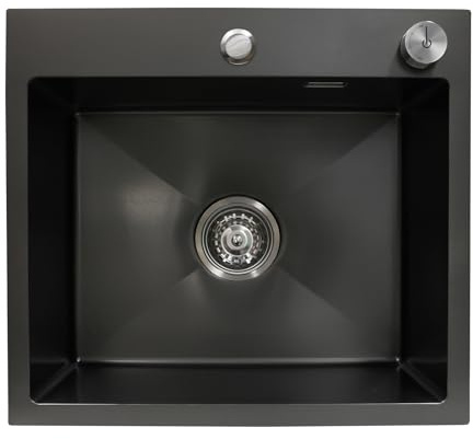 Évier de cuisine en acier inoxydable noir mat avec siphon et commande confortable de vidange - Résistant aux rayures - Facile d'entretien - Pour meuble bas de 45 cm (50 × 45 cm)
