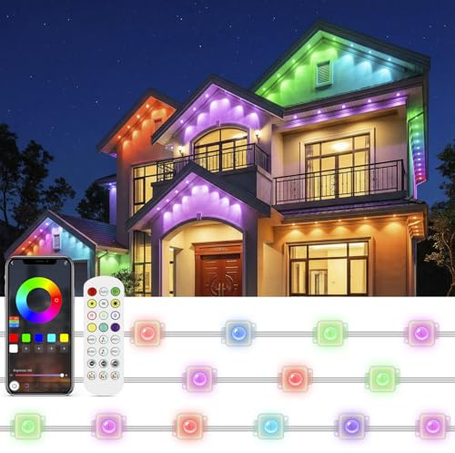 Lam(MS)pen Permanente Außenbeleuchtung RGB, 15M 30LED Lichterkette | IP67 Wasserdicht outdoor Trauflichter, 100 Modi mit Fernbedienung und APP, timer, für Weihnacht, Party, Tägliche Deko