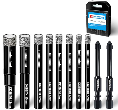 DKIBBITH 10 Pack Dry Diamond Drill Bits & Tile Drill Bit Set for Ceramic, Porcelain, Marble, Granite, Stone, Glass - Round Shank 5mm(x2), 6mm(x3),8mm, 10mm, 12mm+2Pack Masonry Drill Bits 6mm.
