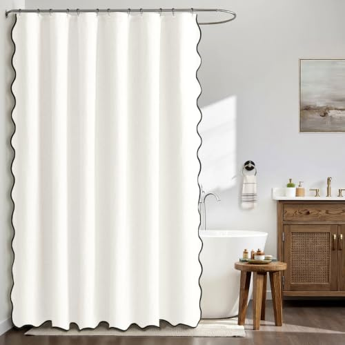 MIULEE Duschvorhang 120 x 200 cm Weiß Leinen Texturiert mit Gewellter | Duschvorhänge mit Schwarze Rand Hotel Wasserdicht Shower Curtain Antischimmel Waschbar Stoff für Badezimmer mit 8 Ringe