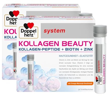 Doppelherz system KOLLAGEN BEAUTY - Kollagen-Peptide im praktischen Trinkfläschchen + Biotin + Zink - 2 x 30 Trinkfläschchen mit Orange-Maracuja-Geschmack