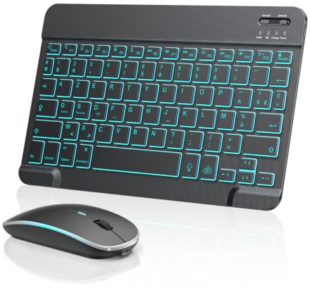 TECURS Clavier et Souris Bluetooth sans Fil pour iPad Pro/Air/Mini | Rétroéclairage 7 Couleurs, Rechargeable, AZERTY Français, Ultra-mince et Portable, Ciseaux Silencieux pour Bureau et Voyages