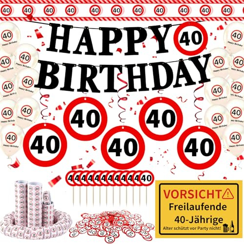OUIGKUN 40 Geburtstag Deko Set, 165 Stück Geburtstag Deko Männer Frauen, Luftballons, Girlande, Banner, Tortendeko, Absperrband, Luftschlangen, Konfetti- Verkehrszeichen zum 40. Geburtstagsdeko