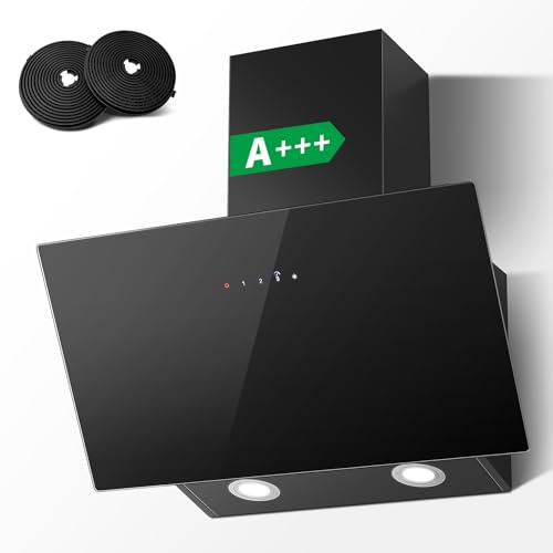 TopStrong Dunstabzugshaube 60cm, A+++ Abzugshaube Umluft/Abluft mit 450 m³/h, Wandhauben Inkl. Aktivkohlefilter, Leise Kopffreihaube mit LED-Beleuchtung, 3 Stufen + Booster Touchscreen, Schwarz Glas