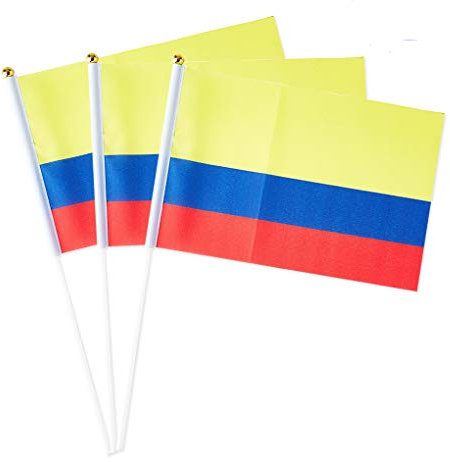 Lot de 12 drapeaux colombiens sur bâton, 14 x 20 cm, petits drapeaux de Colombie pour documents de défilé, événements culturels, fête nationale, activités scolaires et célébrations