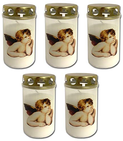 HAC24 Set di 5 Candele per Tomba con Coperchio, Bianco, con Angelo, Motivo cimitero, Decorazione tombale