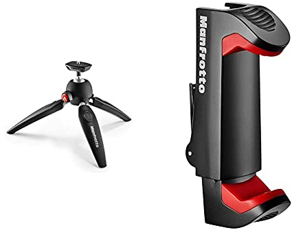 Manfrotto Mtpixievo-Bk Treppiedi Da Tavolo A 2 Sezioni, Per Fotocamere Compatte, Mirrorless, Alluminio, Nero & MCPIXI - Attacco Universale per Smartphone, Versione Pro