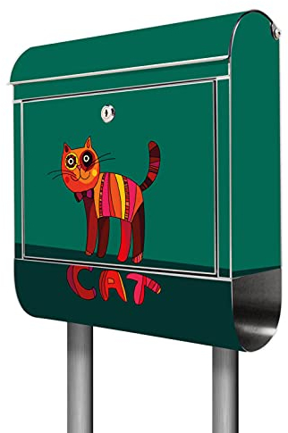 banjado® Briefkasten mit Standfuß Motiv Orange Katze - Stand Briefkasten Edelstahl mit Zeitungsfach - Postbox/Postkasten A4 Einwurf inkl. Montagematerial & 2 Schlüssel