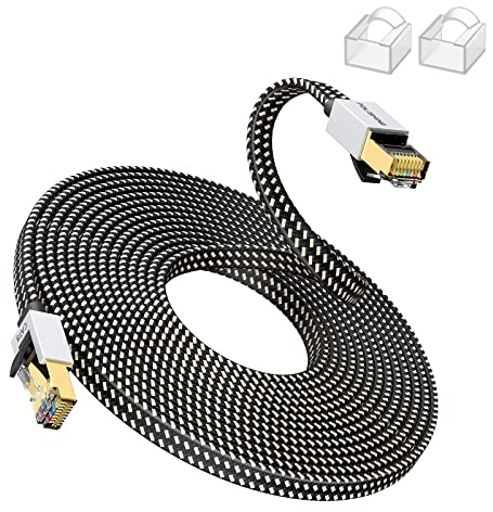 Cat8 Ethernet Kabel 15M, Hohe Geschwindigkeit Nylon Braided Lan Patch Cord, 40Gbps 2000Mhz RJ45 Shielded Flat Cable, für Modem/Router/Switch, schneller als Cat5e/Cat6/Cat7