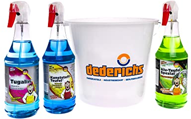 DEDERICHS limitierte AutoReinigung mit TUGA,Glasreiniger + Felgenreiniger + Universalreiniger + GRATIS Eimer, 4-teiliges Set