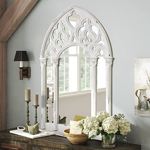 Espejo de ventana de arco, estilo rústico de casa de campo grande de madera con forma de catedral arqueado, espejo decorativo para dormitorio, sala de estar, entrada, pasillo