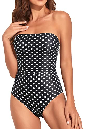 Holipick Women Black Dot Bandeau One Piece Swimsuits Tummy Control Bathing Suits Halter Strapless Swimwear S