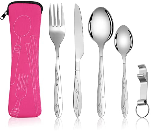 Vicloon Ensemble de Couverts, 5 pièces, Transportables, Couverts en Acier Inoxydable avec Idéal pour les Voyages et le Camping(Rouge-étoile)