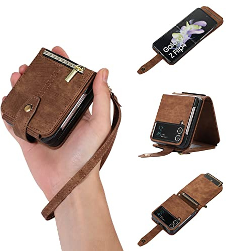 UEEBAI Hülle für Samsung Galaxy Z Flip 3 5G, Leder Klapphülle, Retro Braun | 9 Kartenfäche Lederhülle mit Umhängegurt Handschlaufe Ständer Reißverschluss Handyhülle Magnetverschluss Wallet Flip Case