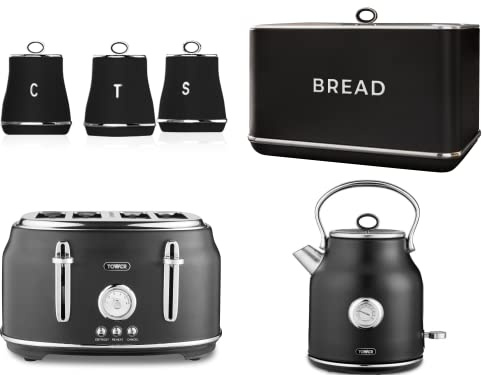 Tower Renaissance 1.7L 3KW Kettle, 4 Slice Toaster, Bread Bin & Canisters Matching Kitchen Set of 6 in Black