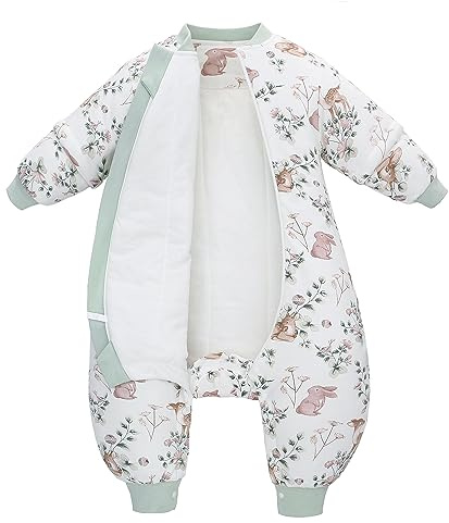 Baby Schlafsack mit Füßen und Abnehmbaren ärmeln 2.5 Tog Langarm Wattiert Babyschlafsack Kinderschlafsack Winter Baumwolle Schlafanzug für Jungen und Mädchen extra Soft (Hase, 90/L)