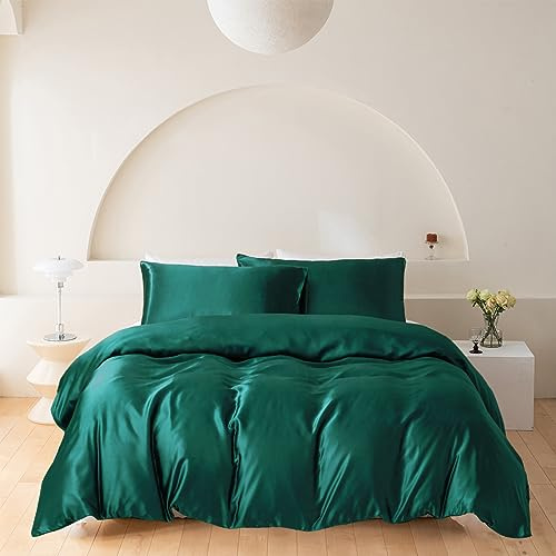 Wotcsil Ensemble de Housse de Couette Satin de Soie 200x200 Vert Literie Satin Parure de Lit Unie Ensembles de Literie Linge de Lit en Satin Luxe Unie Polyester Satiné Brillant