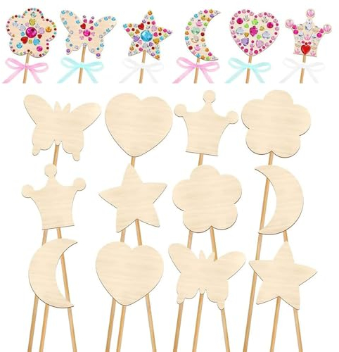 TTBDDM 12 Pièces Baguette Magique Bricolage, Baguettes Magiques en Bois, Baguette Princesse Bricolage, Baguette Magique de Fée, pour Peinture, Bricolage et Cadeaux d'anniversaire Enfants, 6 Formes