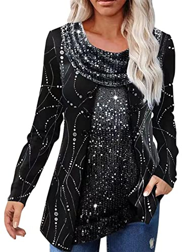 Festliche Blusen Damen Glänzende Tops Glitzer Tunika Rundhals Longshirt Einfarbig Oberteil Winter Glitzertop Texturierter Oberteil Tunika Langarm XXL Partywear Party Shirt Lose Bluse