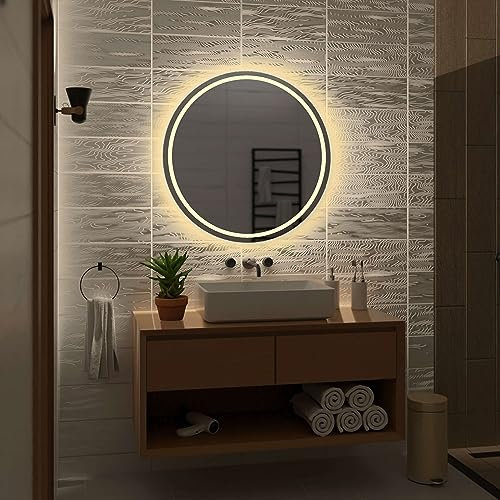 Alasta London Runder Spiegel 75x75 cm WarmWeiß Badezimmer Spiegel Badspiegel Wandspiegel Badezimmerspiegel mit Beleuchtung
