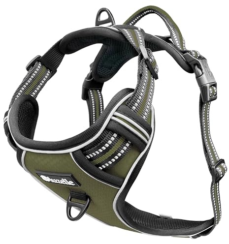 bluzelle Hundegeschirr für große Hunde, Reflektierendes Brustgeschirr mit Griff & Tasche für GPS Tracker, Anti-Zug Hundeweste Hund-Warnweste, Atmungsaktiv Reflektor-Gurte, XL, Oliv Grün