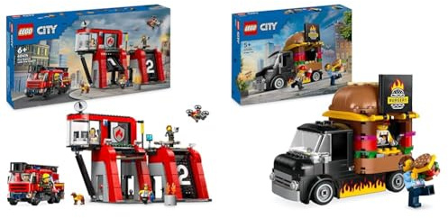 LEGO City Feuerwehrstation mit Drehleiterfahrzeug, Feuerwehr-Spielzeug & City Burger-Truck, Bauset mit Spielzeug-Auto für 5-jährige Kinder