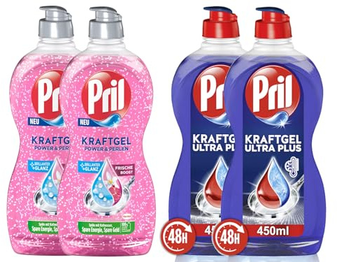 PRIL Kraftgel-Set 2x Power & Perlen Granatapfel & Orangenblüte & 2x Ultra Plus, Handgeschirrspülmittel-Set mit höchster Fettlösekraft, für sauberes Geschirr, 4x 450ml