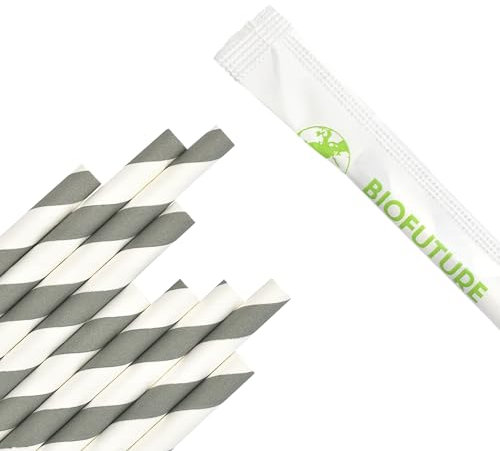 Biofuture Pajitas de papel biodegradables, pajitas desechables 100 % ecológicas, ideales para fiestas, eventos y uso diario, sostenibles, respetuosas con el medio ambiente, certificación FSC (gris)