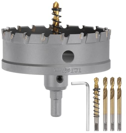 sourcing map Kit de scie-cloche en carbure de tungstène de 97 mm avec 5 forets centraux, ressorts, 1 clé pour acier inoxydable, cuivre, fer, aluminium