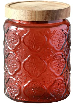 Jarsense Glasgefäß 700 ml, versiegeltes Glas mit Holzdeckel, Lebensmittelqualität, Vorratsglas, Kaffeebohnen, Teeblätter, Vorratsglas, Begonien-Muster, Rot
