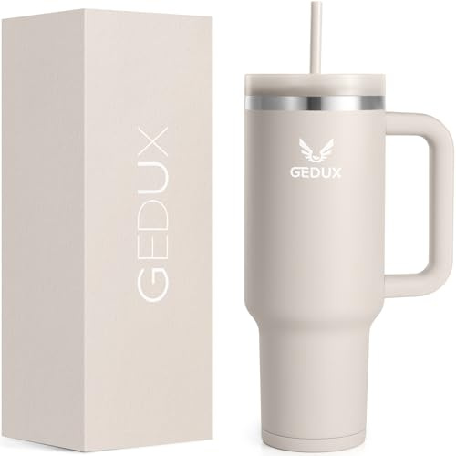 Gedux Trinkflasche mit Strohhalm 1.2L - Thermobecher mit Henkel auslaufsicher - Doppelwandige Vakuumisolierung - Thermobecher mit StrohhalmSpritzwassergeschützter Deckel