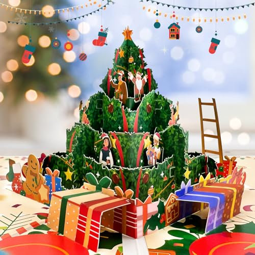 Hierein 2025 Pop Up Weihnachtskarte, 3D Weihnachtsbaum Weihnachtskarte mit Umschlag, Überraschung Weihnachtsgeschenke Weihnachtskarten für Mann Frau Mutter Freundin Kinder, Merry Christmas