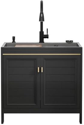 Meuble d'évier de cuisine moderne noir avec pulvérisateur extractible, idéal pour buanderie et buanderie, cuisine, salle de bain, sous-sol (68 x 45 cm)